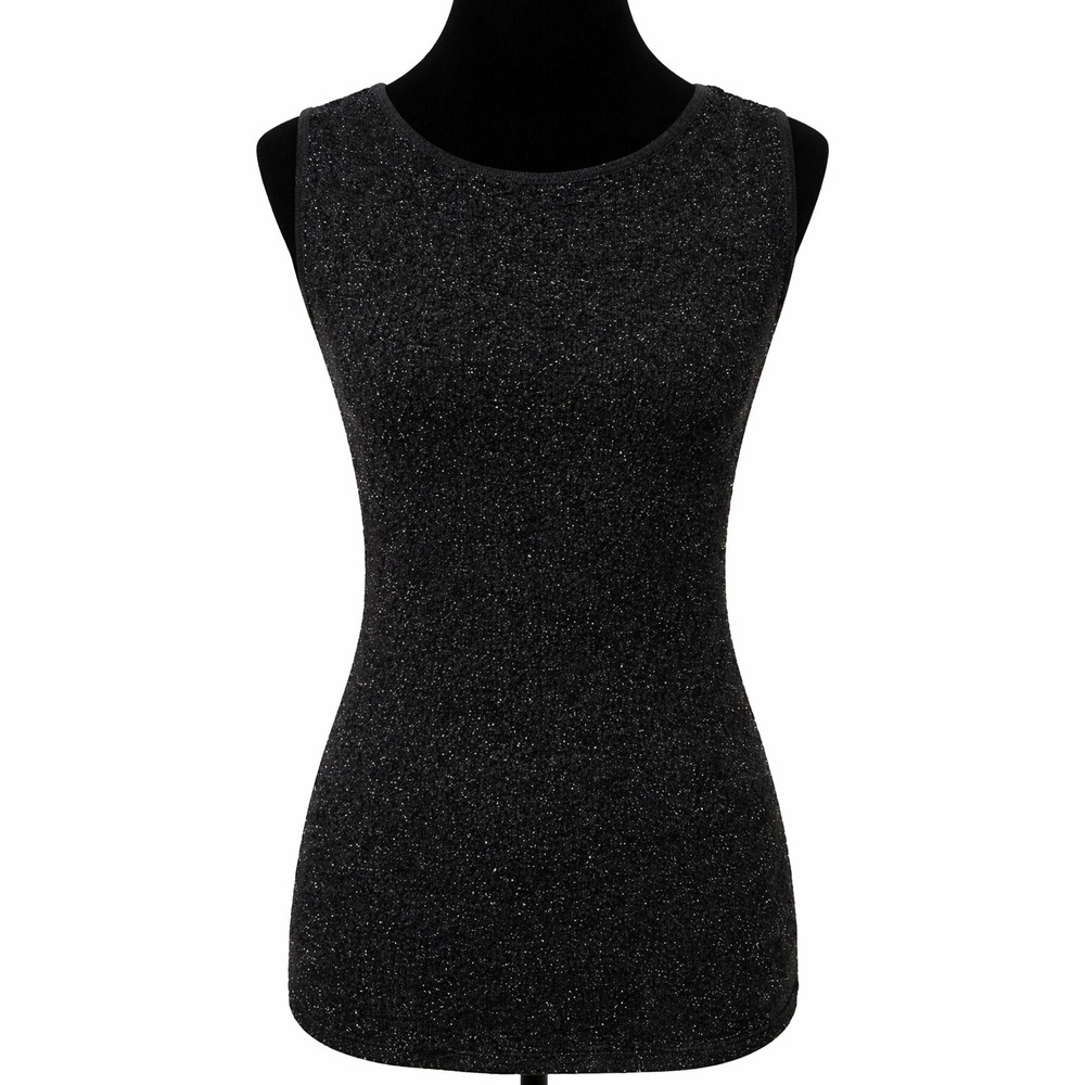 Bloomingdale's Womens Tank Top Small Black Silver Metallic Crew Neck Pullover
